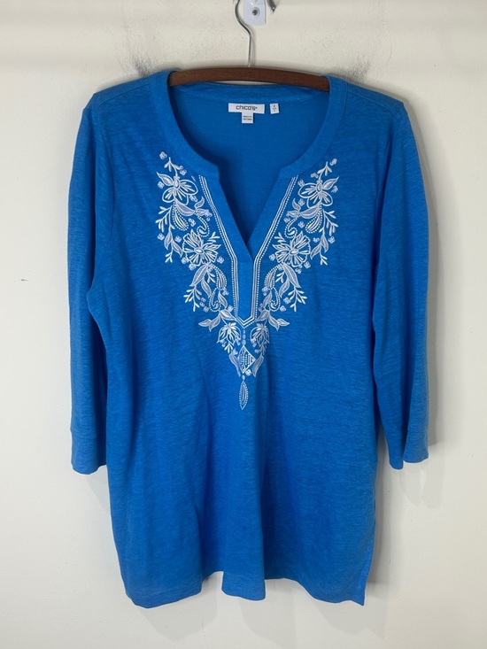 CHICO’S Soft Linen Embroidered Tunic in Poolside Blue Size 2 Large - Picture 2 of 14